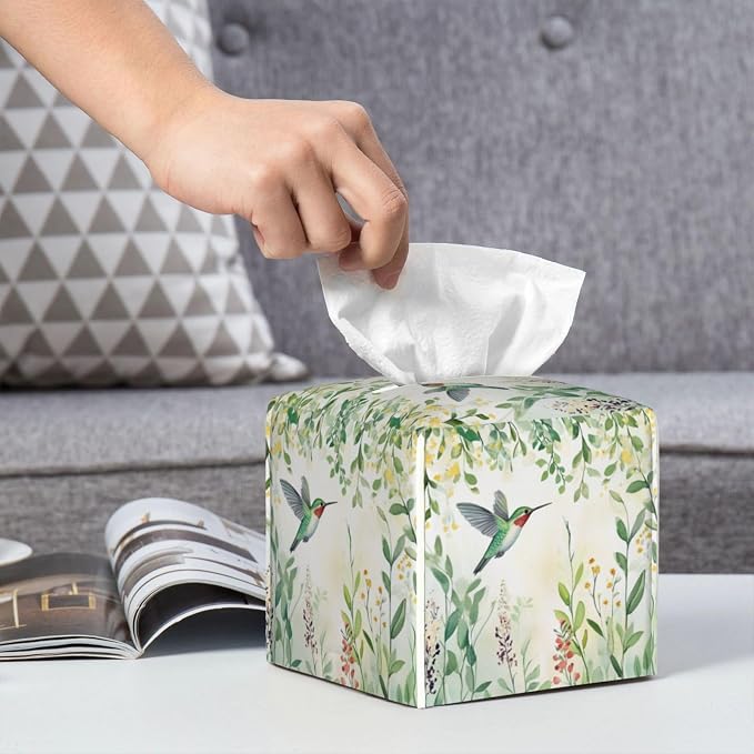 Green Leaves Hummingbird Spring Tissue Box Cover Watercolor Floral Square - Image 6