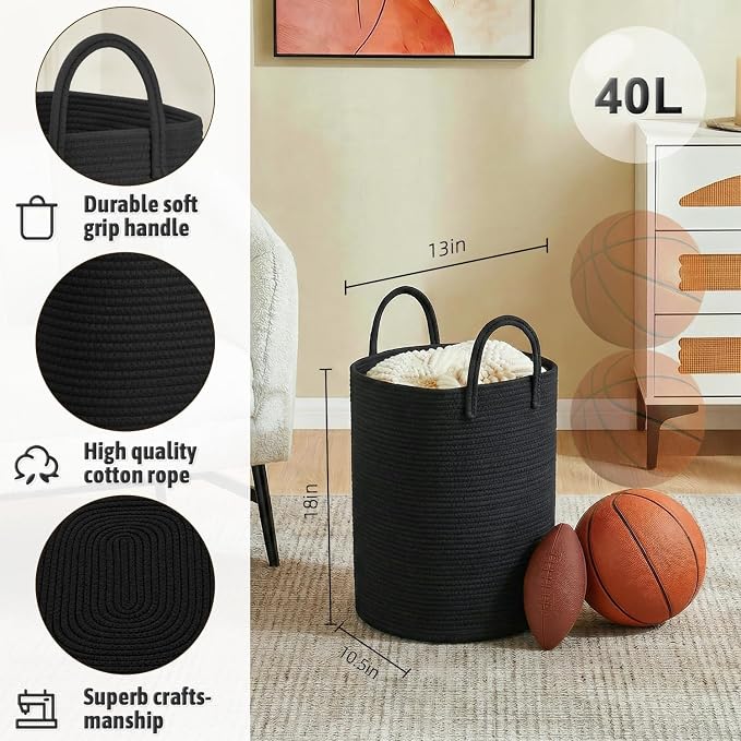 Laundry Basket, Woven Cotton Rope Laundry Hamper, 40L Versatile Storage - Image 2