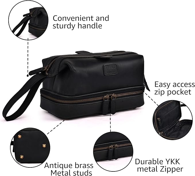 LEATHER VILLAGE Genuine Leather Dopp Kit – Large Travel Toiletry Bag - Image 3