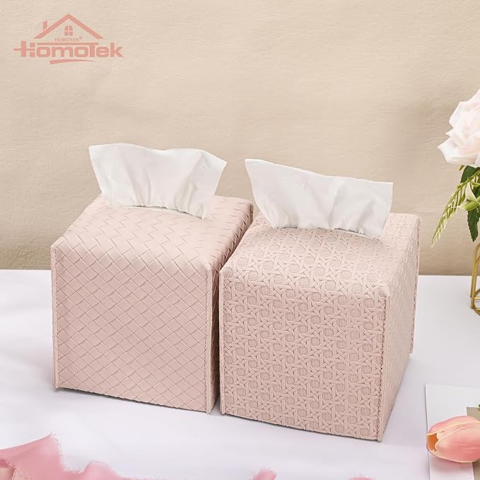 HOMOTEK 2 Pack Tissue Box Cover, Square PU Leather Tissue Holder, Decorative - Image 6