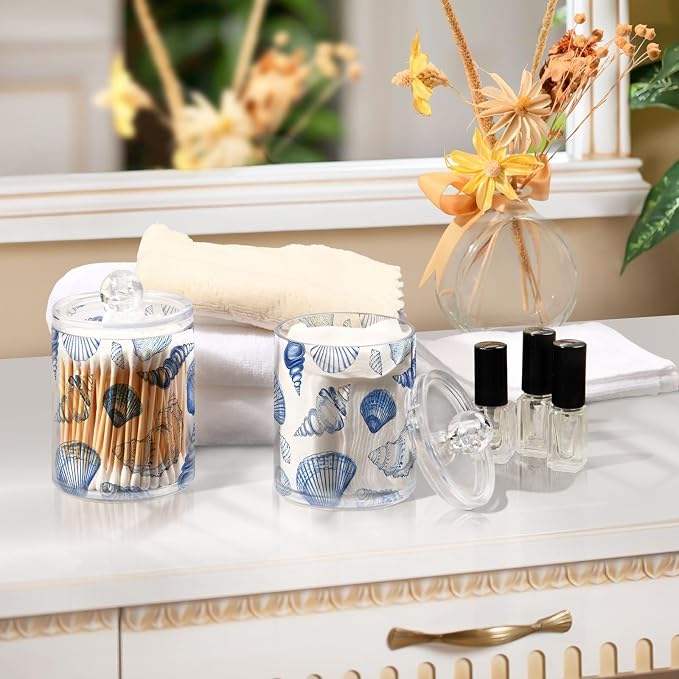 2 Pack Qtip Holder Dispenser for Cotton Ball Blue Seashells Ocean Nautical - Image 3