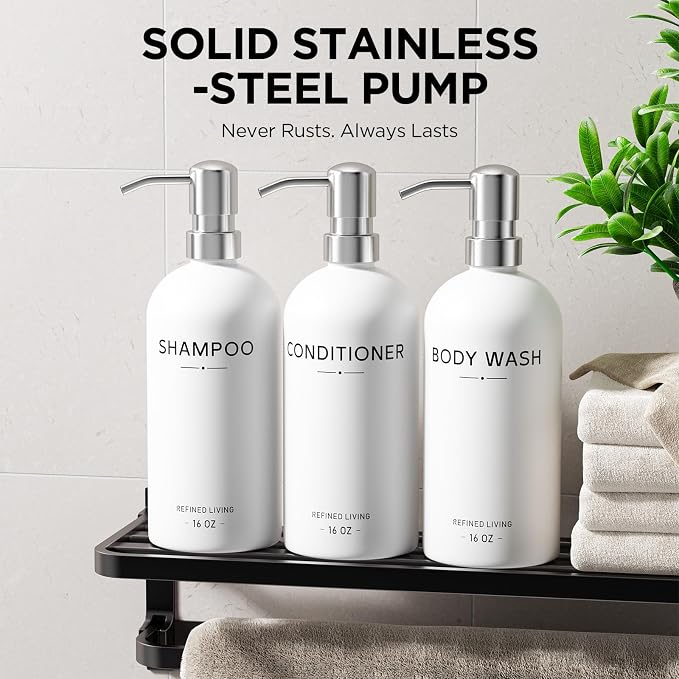 Shampoo and Conditioner Dispenser Set, 3 Refillable 16oz Bottles - Image 4