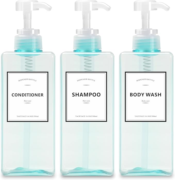 Blue Shampoo and Conditioner Bottles, YACEYACE 16.9oz Set of 3 Blue Clear Empty by YACEYACE