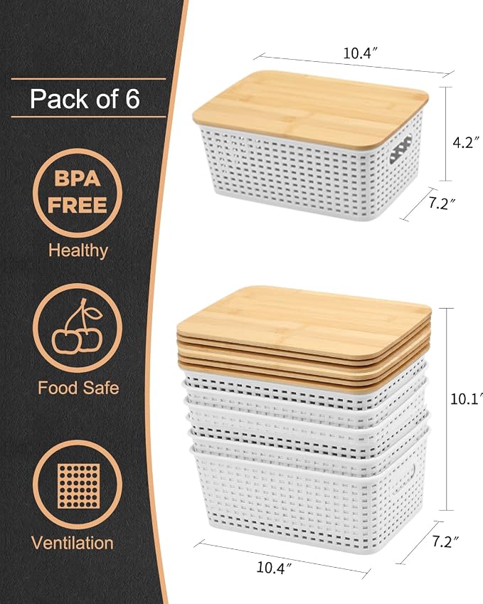 AREYZIN Storage Bins with Bamboo Lids Set of 6 Lidded Storage Container Plastic - Image 3