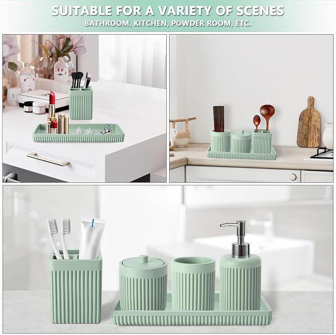 Resin Light Green Bathroom Accessories Set 5 Pcs, Lotion Soap Dispenser - Image 6