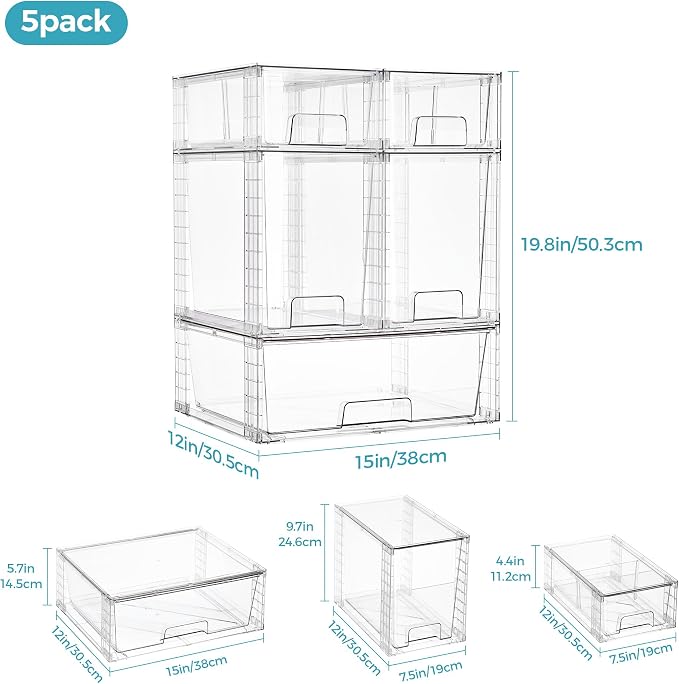 Vtopmart 5 Pack Clear Stackable Storage Drawers, Plastic Drawers - Image 2