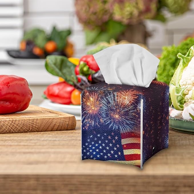 Firework American Flag Tissue Box Holder Square PU Leather Tissue Organizer Case - Image 5