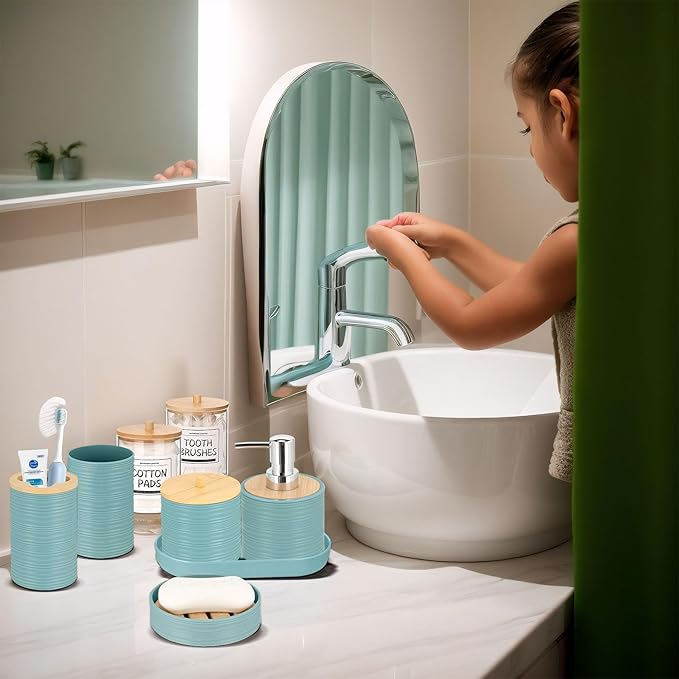 IMAVO Blue Bathroom Set, Trash Can, Soap Dispenser, Soap Dish, Toothbrush Holder - Image 6