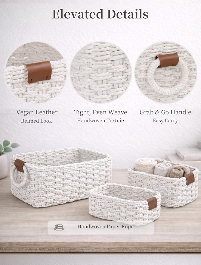 Storage Basket, Recycled Paper Rope Bathroom Basket Organizer, Mini wicker - Image 4