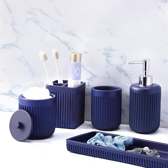 Resin Navy Blue Bathroom Accessories Set 5 Pcs, Lotion Soap Dispenser, by BetterbathroomwithXLHOME