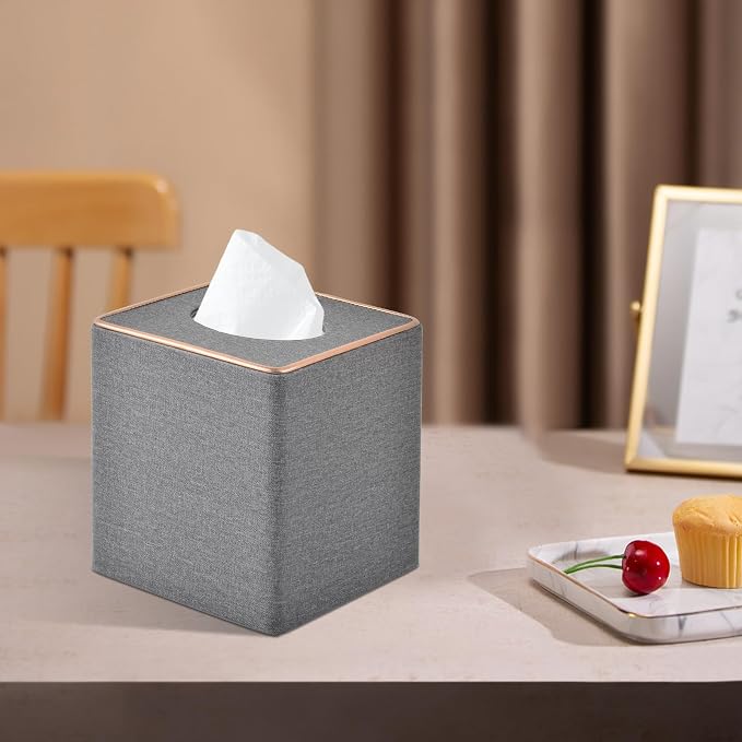 Linen Square Tissue Box Holder Cube Tissue Box Cover－Rosegold Leather Recorate - Image 7