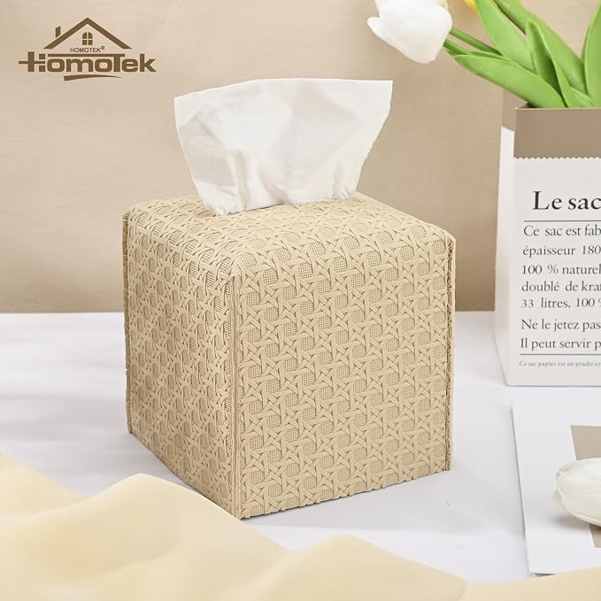 HOMOTEK 2 Pack Tissue Box Cover, Square PU Leather Tissue Holder, Decorative - Image 5