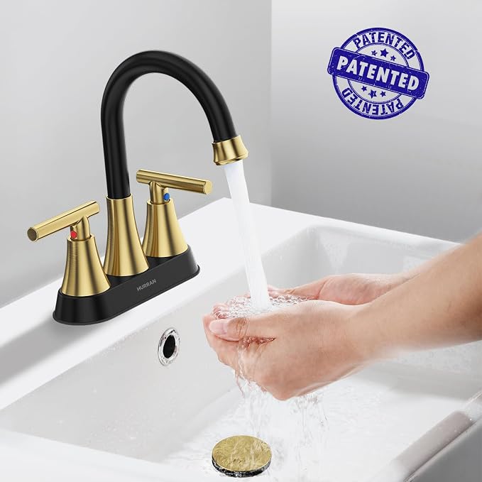 Bathroom Faucets for Sink 3 Hole, Hurran 4 inch Black and Gold Bathroom Sink - Image 3