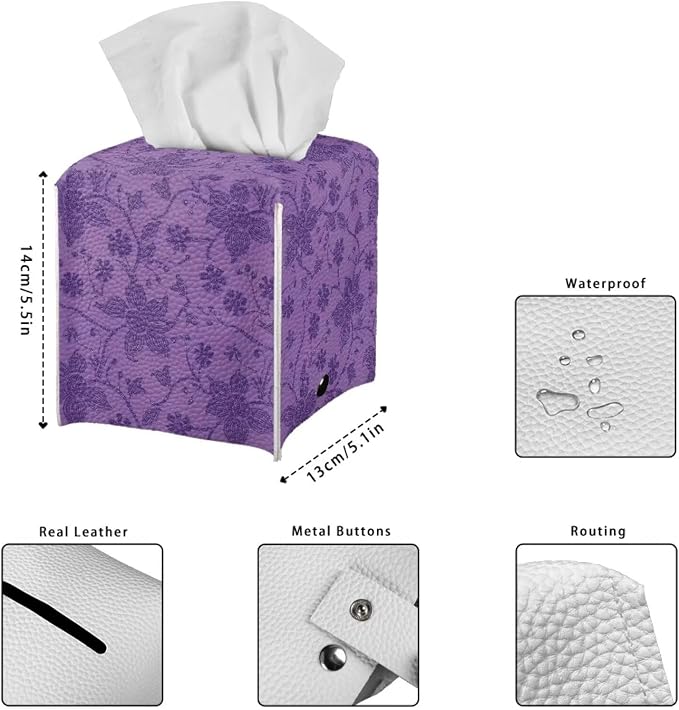 Purple Flowers Tissue Box Case PU Leather Square Modern Asthetic Tissue Box - Image 7
