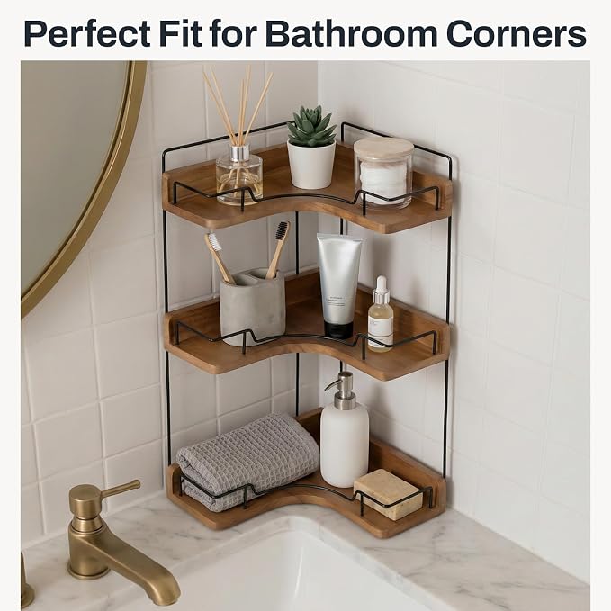 3-Tier Bathroom Counter Organizer, Wooden Corner Shelf - Image 4