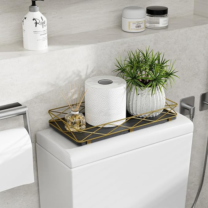 Toilet Paper Basket Holder, Wood and Metal Toilet Tray Vanity Organizer - Image 3