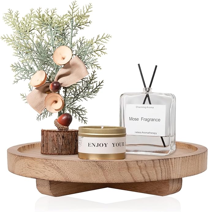 Round Decorative Tray Wood Bathroom Counter Organizer Farmhouse Kitchen Decor by zoocatia