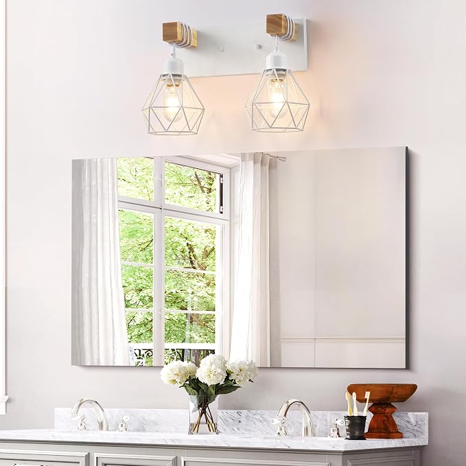 White Bathroom Vanity Light Fixtures, 2-Light Wood Bathroom Light Fixtures Over - Image 2