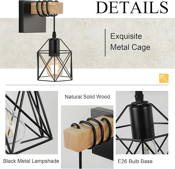 Plug in Wall Sconces Set of Two, Farmhouse Wall Mount Lighting, Wood Rustic - Image 2