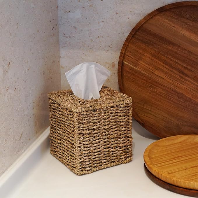 PINXIURY Seagrass Handwoven Wicker Tissue Box Cover, Natural Handmade Napkin - Image 4
