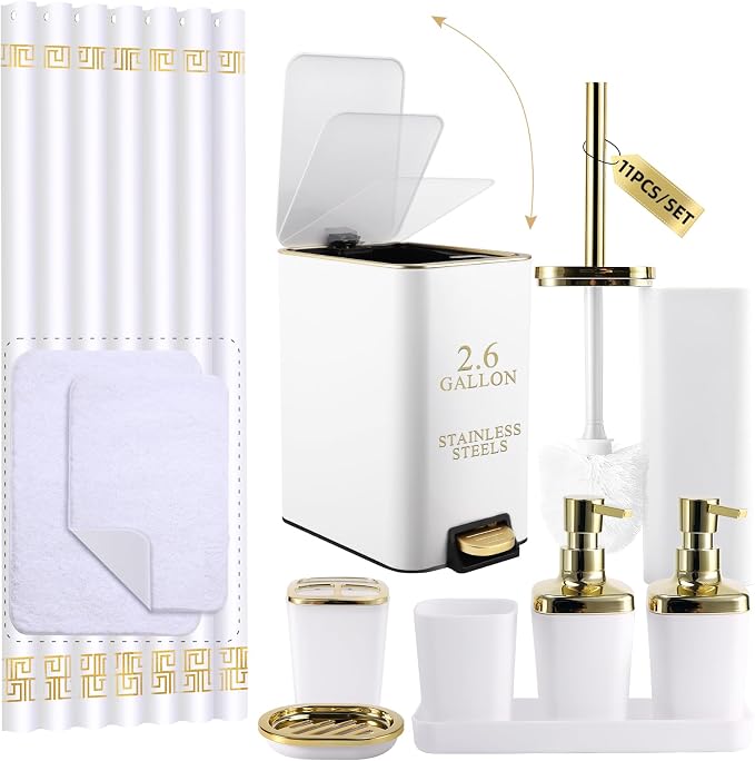 11PCS Bathroom Sets with Shower Curtain and Rugs Bathroom Accessories Set White by BetterbathroomwithXLHOME