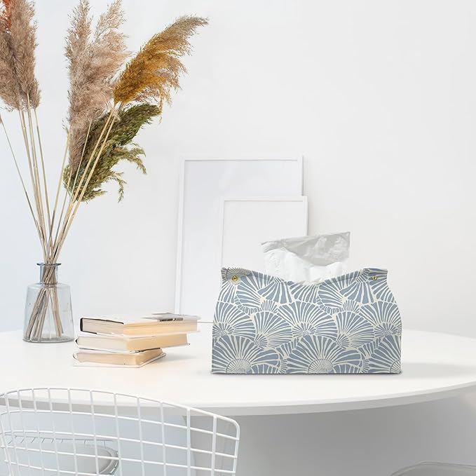 Light Blue Shell Leather Tissue Box Cover Rectangle, Coastal Toilet Paper Box - Image 3