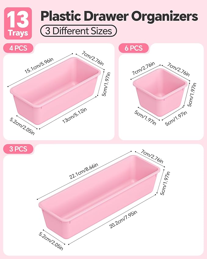 13 Pack Plastic Drawer Organizers Set, 3 Sizes Desk Drawer Organizer Trays - Image 2