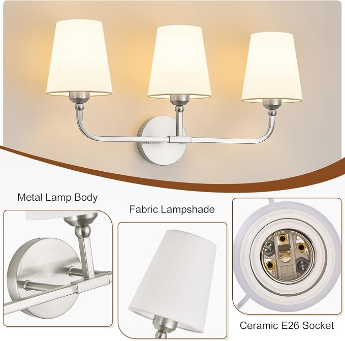 Bathroom Vanity Light, Brushed Nickel Bathroom Light Fixtures, 3-Light Lighting - Image 4