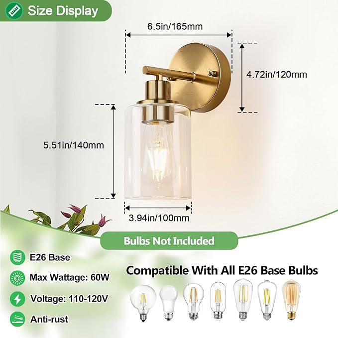 Set of 2 Wall Sconces for Bathroom, Brushed Gold Modern Vanity Lights - Image 8