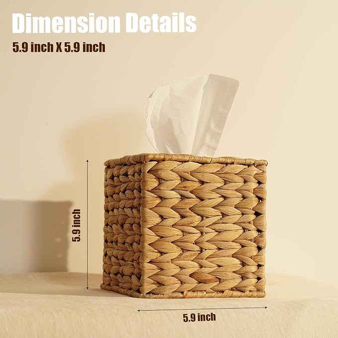 Set of 2 Water Hyacinth Handwoven Tissue Box Cover, Natural Handmade Wicker - Image 3