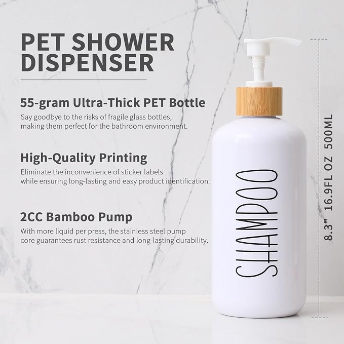 MOMEEMO White Shampoo and Conditioner Dispenser Set, Contains 3 Extra-Thick PET - Image 3