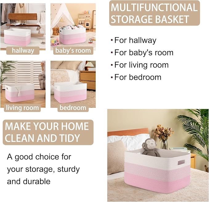 OIAHOMY Large Blanket Basket, 22”x17”x12” Rectangle Woven Baskets, Nursery - Image 4