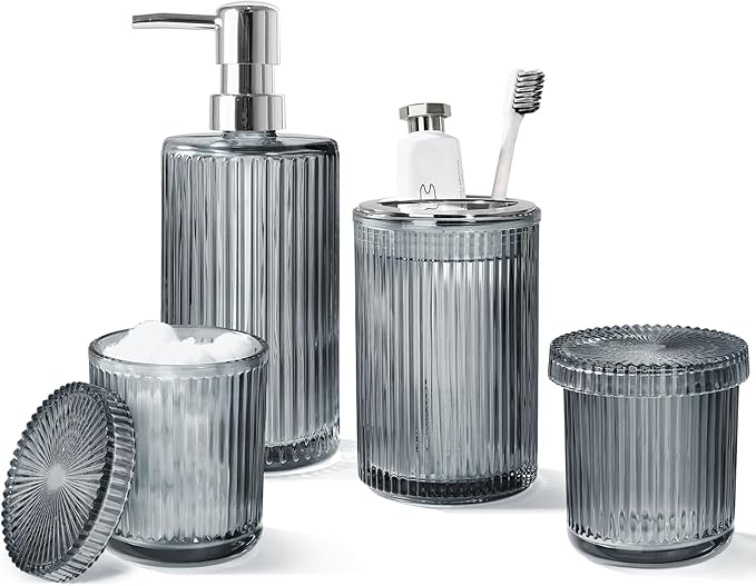 Gray Glass Bathroom Accessories 4 Pcs, Soap Dispenser and Toothbrush Holder Set by ALPIRIRAL