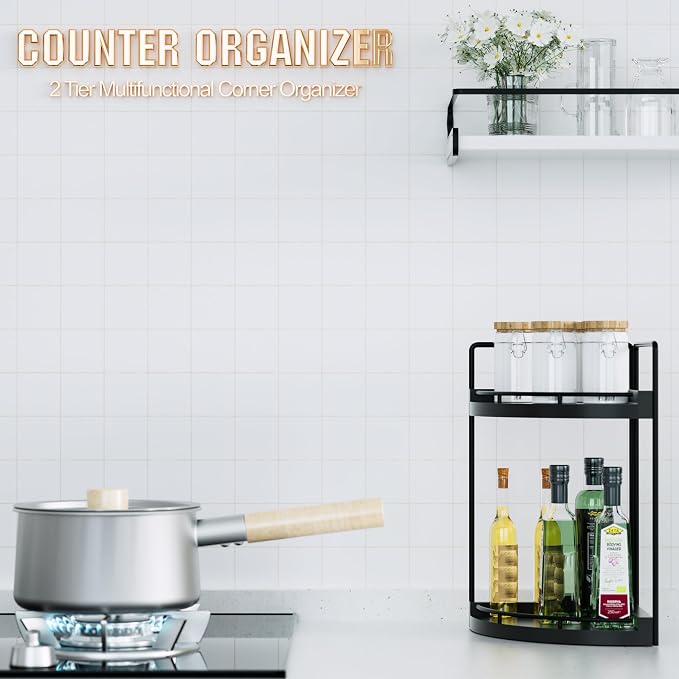 Corner Bathroom Counter Organizer, 2 Tier Wood Vanity Storage, Waterproof - Image 3