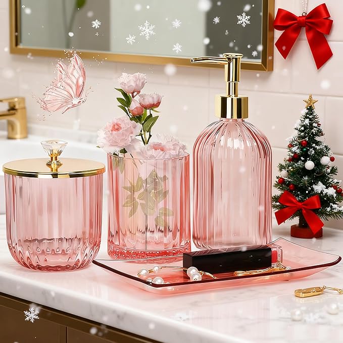 Jenseits Pink Bathroom Accessories Set, Soap Dispenser, Toothbrush Holder - Image 2