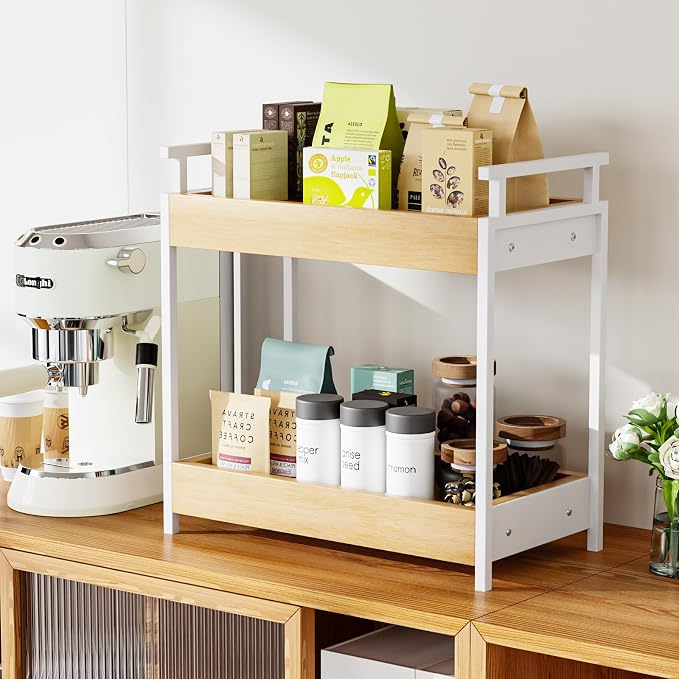 KLM Countertop Coffee Station Organizer, 2 Tier Wooden Shelf - Image 2