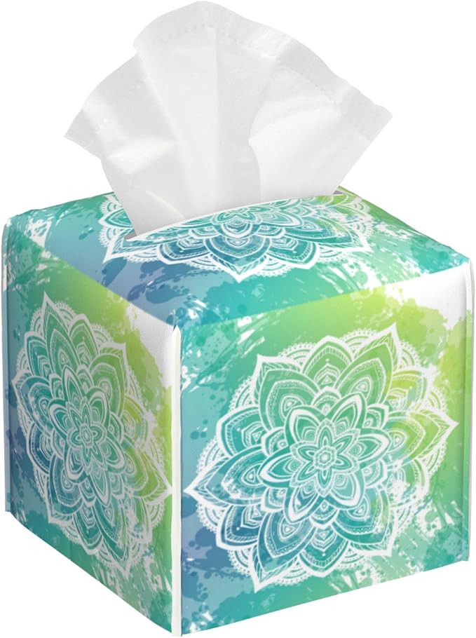 Green Boho Mandala Flower Tissue Box Cover Square, Abstract Mandala Floral by sndheke