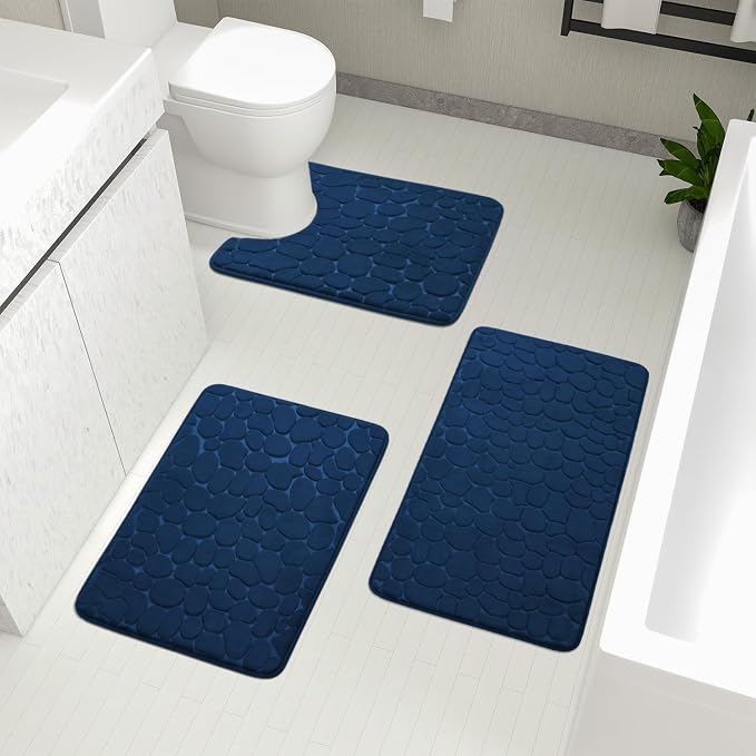 YIHOUSE Bathroom Rugs Mat Set 3 Piece Dark Blue, Memory Foam Bath Mats Sets by YIHOUSE