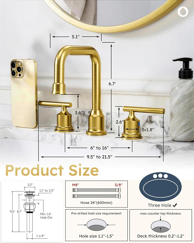 WOWOW Brushed Gold Bathroom Faucet Widespread Bathroom Sink Faucet 2 Handle - Image 6