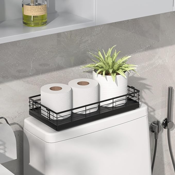 Toilet Paper Basket, 13 Inch Oak and Iron Tank Tray Top of Toilet Storage - Image 2