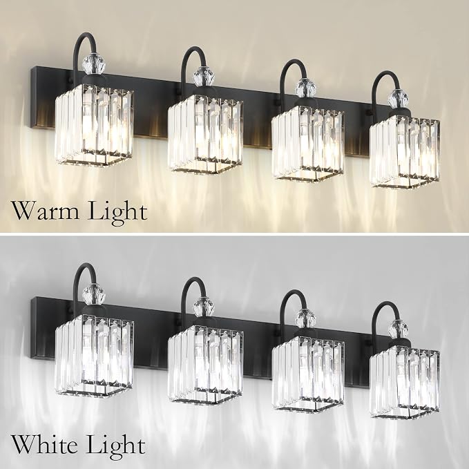 Ralbay Matte Black Crystal Vanity Light 4 Light Modern Crystal Bathroom - Image 2
