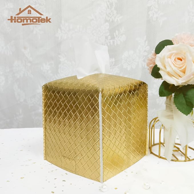 HOMOTEK 2 Pack Tissue Box Cover, Square PU Leather Tissue Holder, Decorative - Image 4