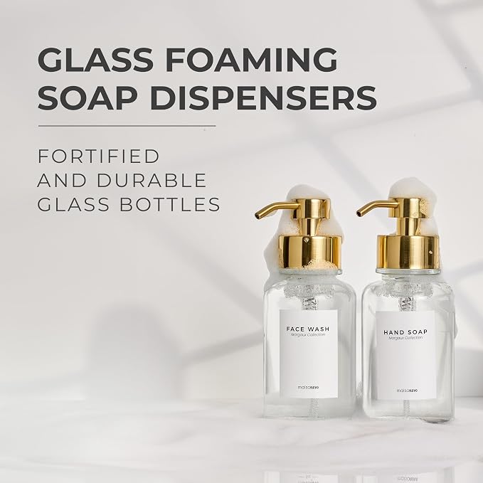 MaisoNovo Glass Foaming Soap Dispenser | Clear Glass Gold Pumps x 2 - Image 2