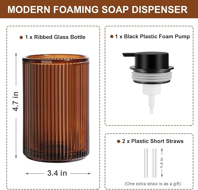 Amber Glass Foaming Soap Dispenser, Ribbed Foam Hand Soap Dispenser - Image 3