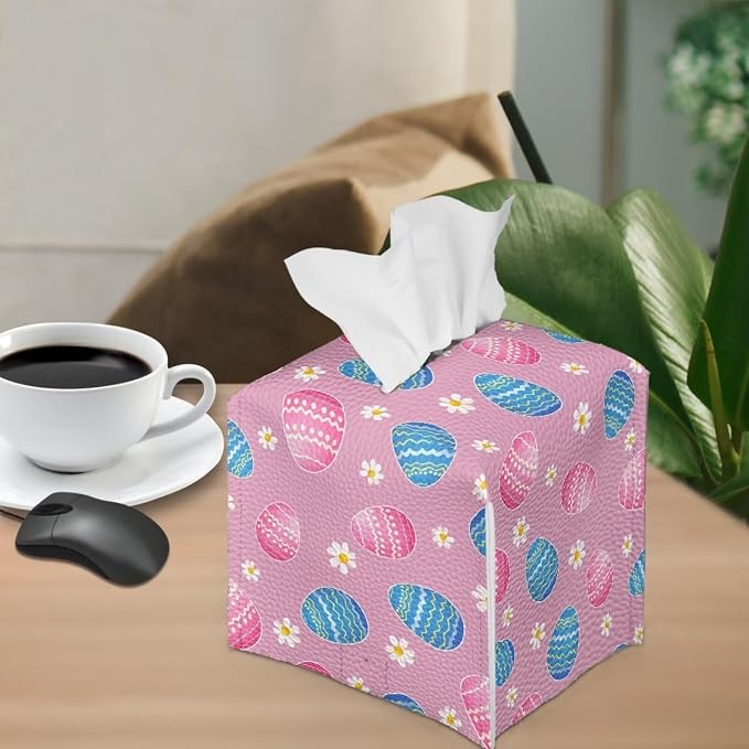 Pink Eggs Flower Tissue Box Case PU Leather Square Modern Asthetic Tissue Box - Image 4