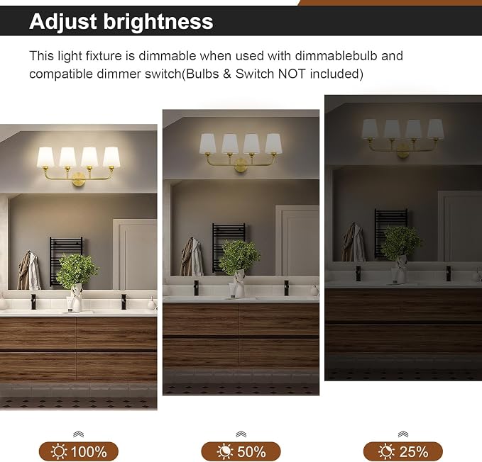 Bathroom Vanity Light, Brushed Gold Bathroom Light Fixtures, 4-Light Lighting - Image 5