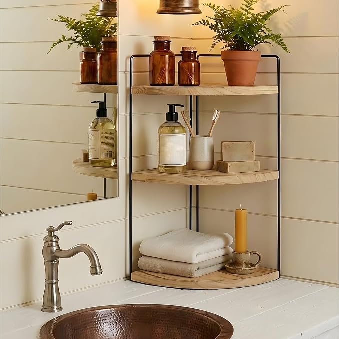Corner Bathroom Counter Organizer Countertop Brown, 3-Tier Corner Shelf Wood - Image 8