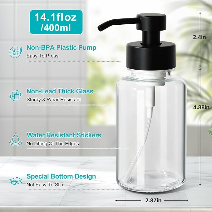 Foaming Hand Soap Dispenser, 14.1 oz/400ml Foaming Soap Dispenser, 2 Pack Glass - Image 3
