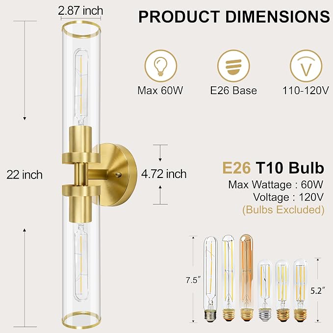 Gold Wall Sconces, Bathroom Sconces Vanity Light Fixtures - Image 3