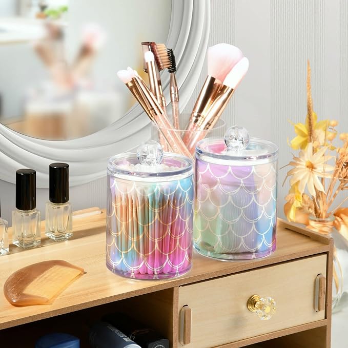2 Pack Qtip Holder Dispenser for Cotton Ball Rainbow Scales Mermaid Cotton Swab - Image 6